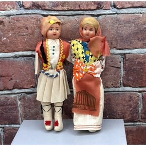 Set of 2 Vintage Greek Folk Art Composition Dolls Souvenir Couple Man Woman‎